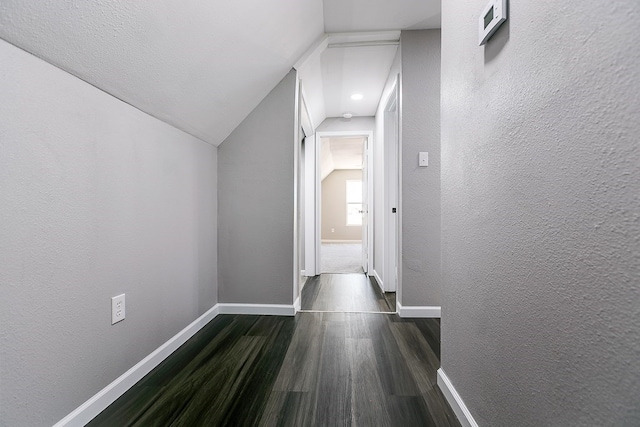 hallway featuring vaulted ceiling and dark hardwood / wood-style floors