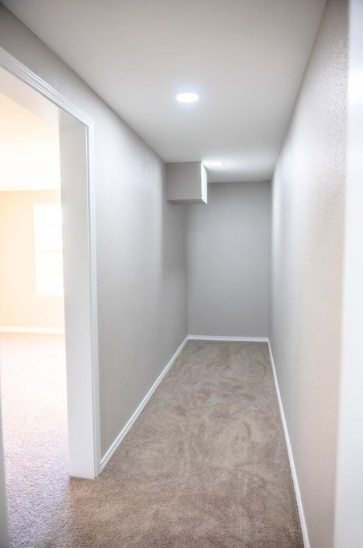 interior space featuring light colored carpet