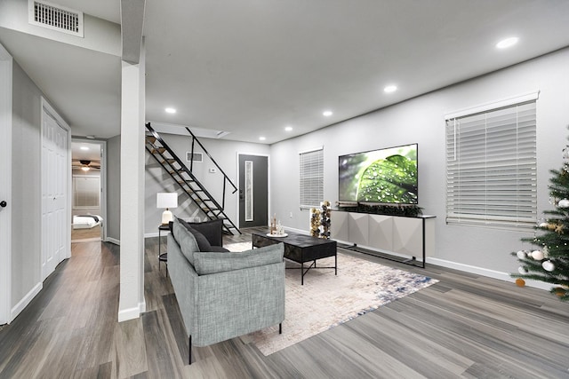 living room with dark hardwood / wood-style flooring