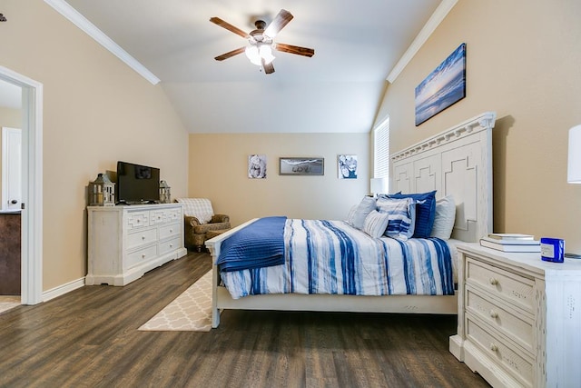 bedroom with lofted ceiling, ceiling fan, wood finished floors, and ornamental molding