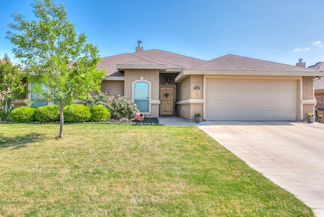 ranch-style house with a garage, concrete driveway, a front lawn, and stucco siding