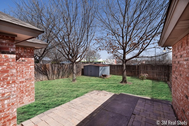 view of patio / terrace featuring an outdoor structure, a storage shed, and a fenced backyard