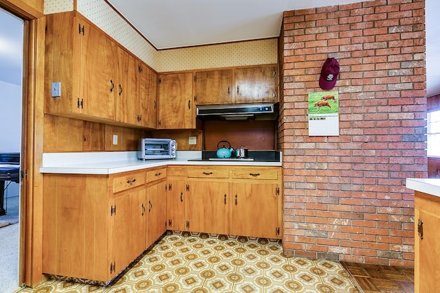 kitchen featuring black electric cooktop, a toaster, under cabinet range hood, light countertops, and brown cabinets