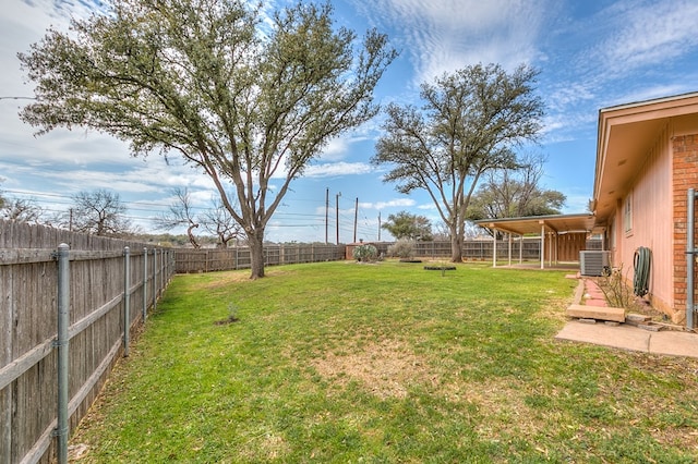 view of yard with central AC unit and a fenced backyard