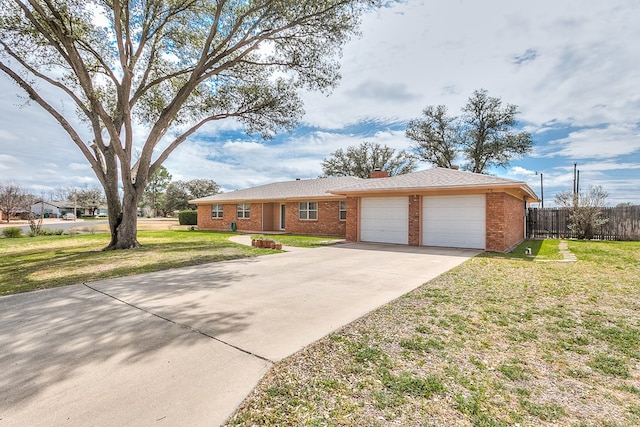 ranch-style house featuring brick siding, an attached garage, a front lawn, and fence