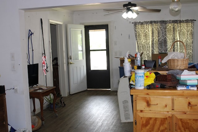 interior space featuring ornamental molding, dark hardwood / wood-style floors, and ceiling fan