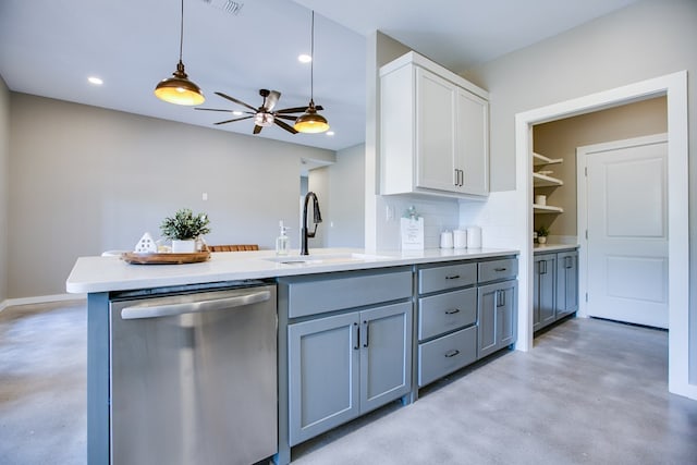 2114 Deaton St, San Angelo, TX 76903 - kitchen with dishwasher, a sink, concrete flooring, gray cabinetry, and recessed lighting