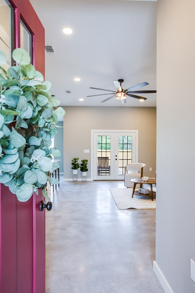 2114 Deaton St, San Angelo, TX 76903 - foyer featuring concrete floors, baseboards, ceiling fan, french doors, and recessed lighting