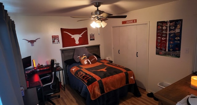 2709 Rice Ave, San Angelo, TX 76904 - bedroom featuring wood finished floors, a closet, ceiling fan, and an office area