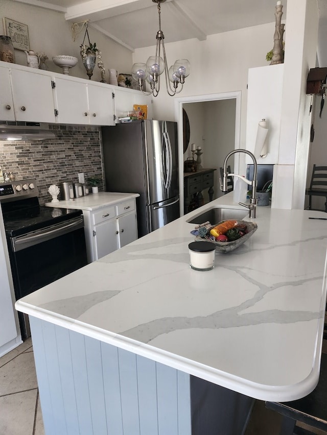 2709 Rice Ave, San Angelo, TX 76904 - kitchen with electric stove, freestanding refrigerator, decorative backsplash, under cabinet range hood, and white cabinetry