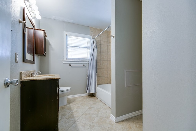 full bathroom featuring vanity, tile patterned floors, toilet, and shower / tub combo with curtain