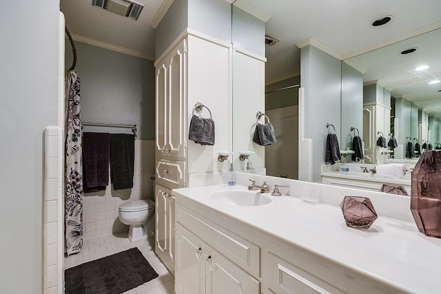 bathroom featuring tile walls, toilet, ornamental molding, visible vents, and tile patterned flooring