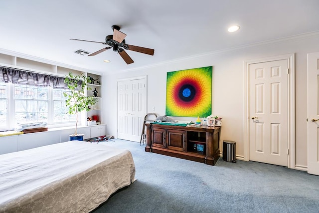 carpeted bedroom with crown molding, visible vents, and recessed lighting