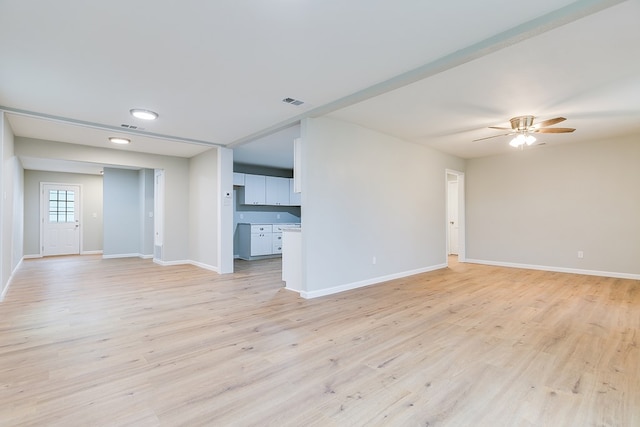 unfurnished living room featuring ceiling fan and light hardwood / wood-style flooring