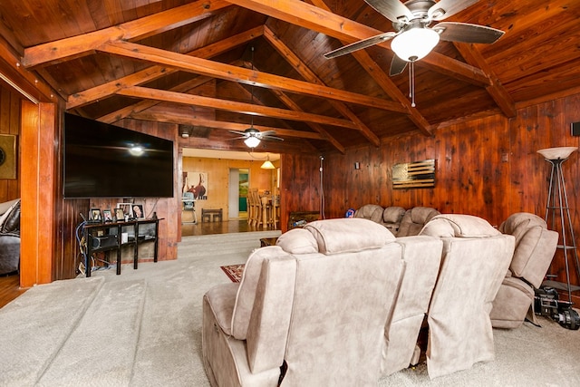 living room featuring wooden walls, wood ceiling, lofted ceiling with beams, and ceiling fan