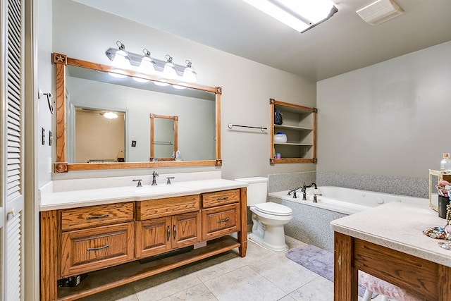 full bath with toilet, a bath, vanity, and tile patterned flooring