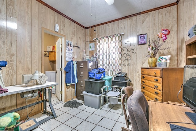 110 N Pope St, San Angelo, TX 76903 - office space with wooden walls, crown molding, tile patterned flooring, washer / clothes dryer, and ceiling fan