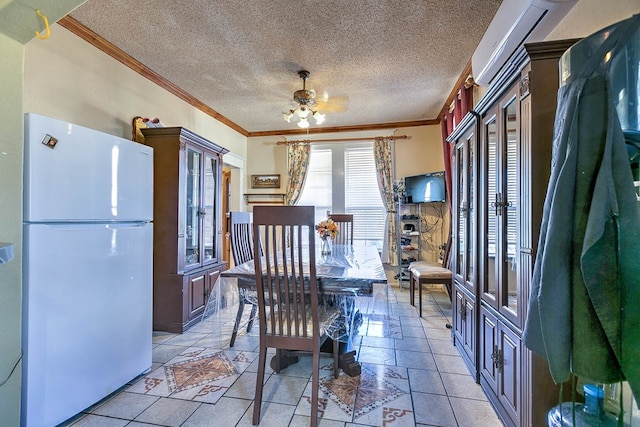110 N Pope St, San Angelo, TX 76903 - dining room featuring crown molding, a textured ceiling, and a wall mounted air conditioner