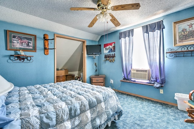110 N Pope St, San Angelo, TX 76903 - carpeted bedroom with cooling unit, a textured ceiling, lofted ceiling, and ceiling fan