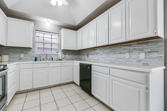 kitchen with lofted ceiling, sink, white cabinetry, light tile patterned floors, and dishwasher