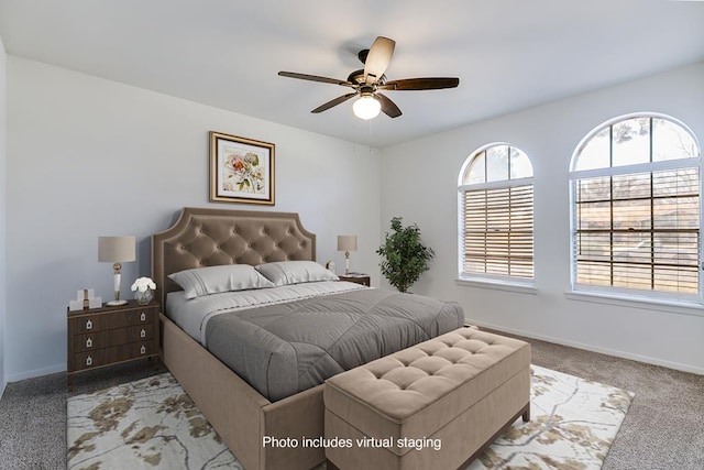 bedroom with carpet flooring, baseboards, and ceiling fan