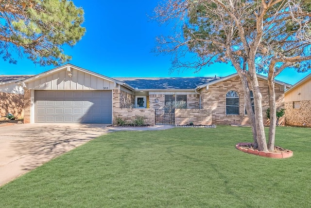 single story home with a front lawn, roof with shingles, concrete driveway, a garage, and brick siding