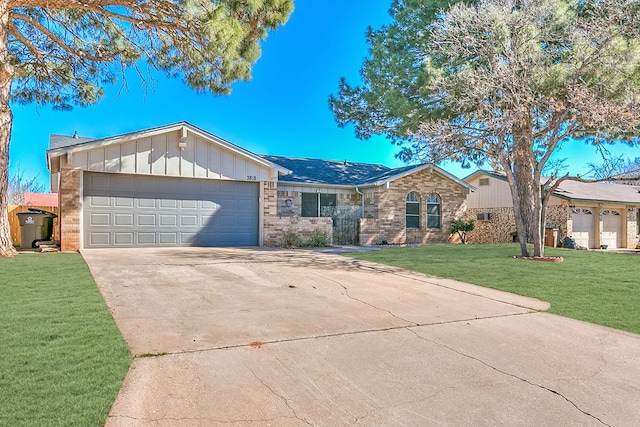 ranch-style house featuring brick siding, board and batten siding, a front lawn, a garage, and driveway