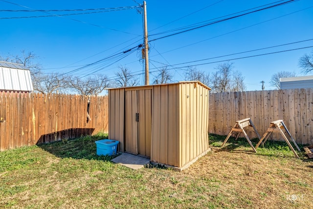 view of shed with a fenced backyard