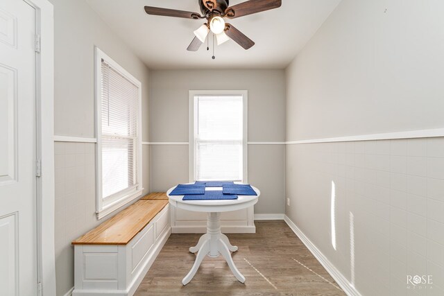 unfurnished dining area with a wealth of natural light, baseboards, wood finished floors, and a ceiling fan