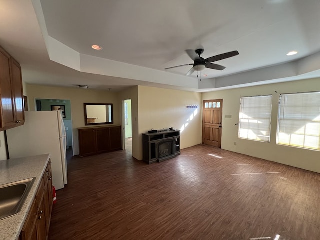 unfurnished living room featuring sink, ceiling fan, dark hardwood / wood-style floors, a tray ceiling, and a wood stove