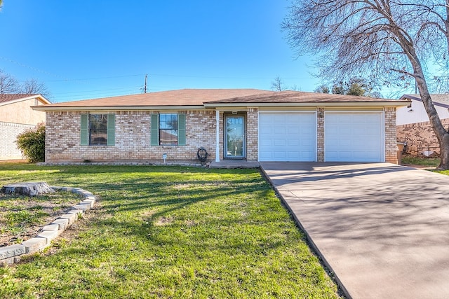 ranch-style home featuring a front lawn, an attached garage, brick siding, and concrete driveway