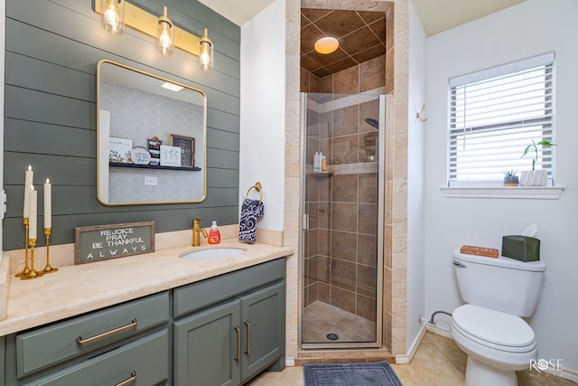 bathroom with a shower with shower door, vanity, tile patterned flooring, toilet, and wooden walls