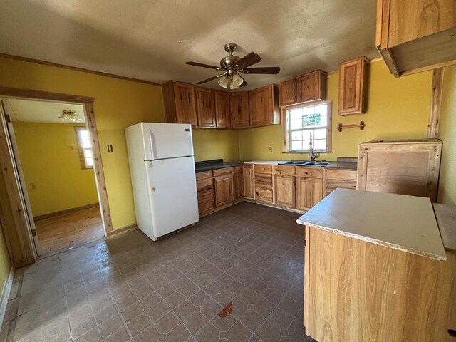 kitchen with ceiling fan, sink, and white fridge