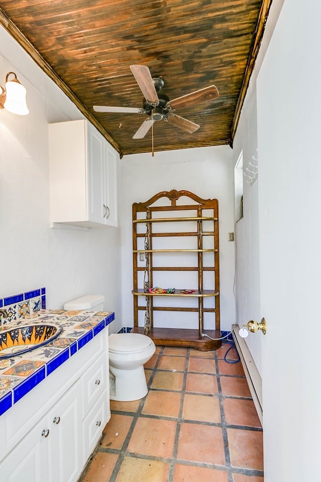 bathroom with vanity, ceiling fan, wood ceiling, and toilet