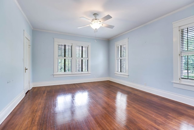 empty room featuring crown molding, ceiling fan, and dark hardwood / wood-style floors