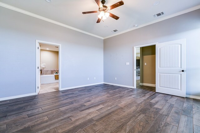 unfurnished room with ornamental molding, ceiling fan, and dark hardwood / wood-style flooring