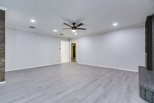 unfurnished living room with ornamental molding, ceiling fan, and light wood-type flooring