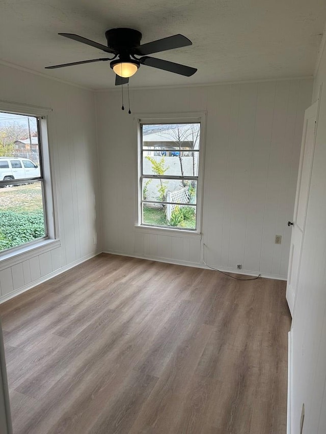 empty room with crown molding, ceiling fan, and light hardwood / wood-style flooring