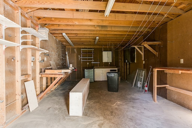 basement with a workshop area