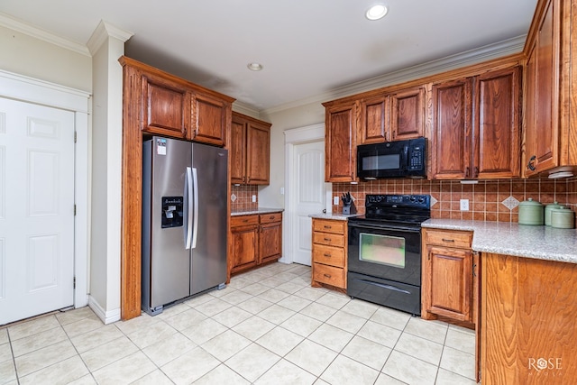 kitchen featuring tasteful backsplash, ornamental molding, black appliances, and light tile patterned flooring