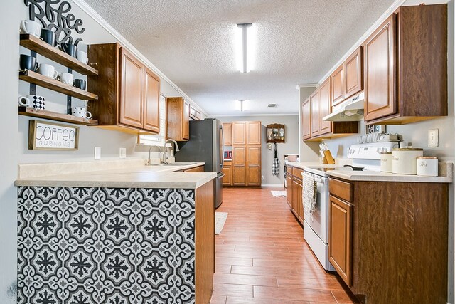 kitchen featuring white range with electric stovetop, sink, ornamental molding, a textured ceiling, and light wood-type flooring