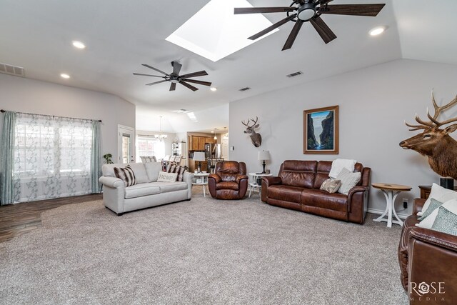 4137 Sedona Trl, San Angelo, TX 76904 - living room featuring a ceiling fan, recessed lighting, a skylight, a chandelier, and lofted ceiling