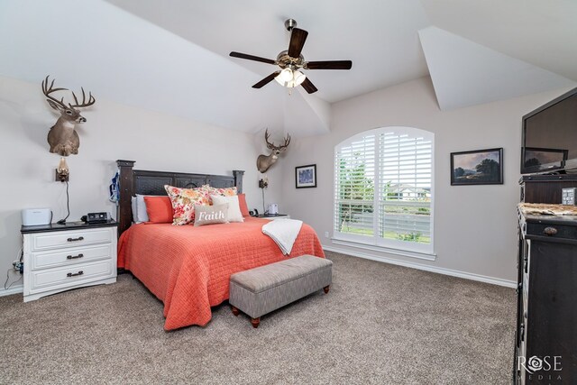 4137 Sedona Trl, San Angelo, TX 76904 - bedroom featuring carpet floors, lofted ceiling, baseboards, and a ceiling fan