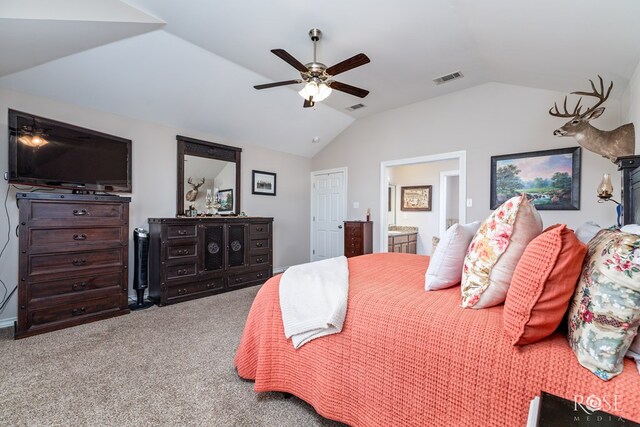 4137 Sedona Trl, San Angelo, TX 76904 - carpeted bedroom with vaulted ceiling, connected bathroom, and ceiling fan
