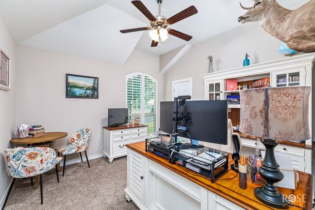 4137 Sedona Trl, San Angelo, TX 76904 - home office featuring ceiling fan, light colored carpet, vaulted ceiling, and baseboards