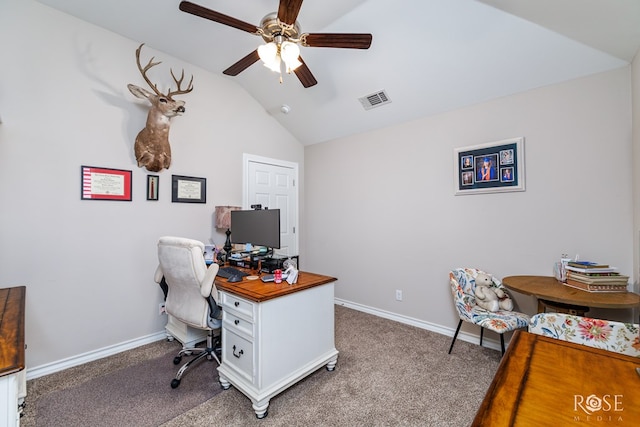 4137 Sedona Trl, San Angelo, TX 76904 - home office with ceiling fan, vaulted ceiling, carpet floors, and baseboards