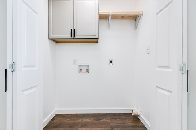 clothes washing area featuring hookup for a washing machine, baseboards, cabinet space, dark wood-style floors, and electric dryer hookup