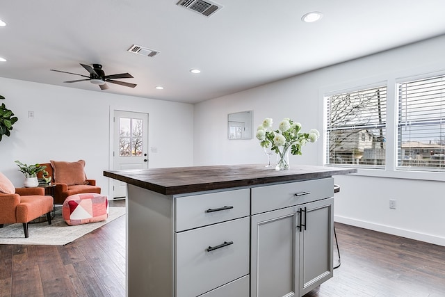 kitchen featuring dark wood-style floors, butcher block counters, open floor plan, and visible vents