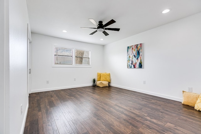 unfurnished room with a ceiling fan, baseboards, wood finished floors, and recessed lighting