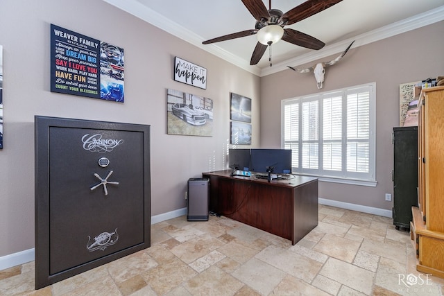 home office featuring crown molding and ceiling fan